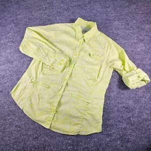 HTF Columbia Flamingo Bay Lime Green Floral Sun Shirt Women's M Zippered Pockets
